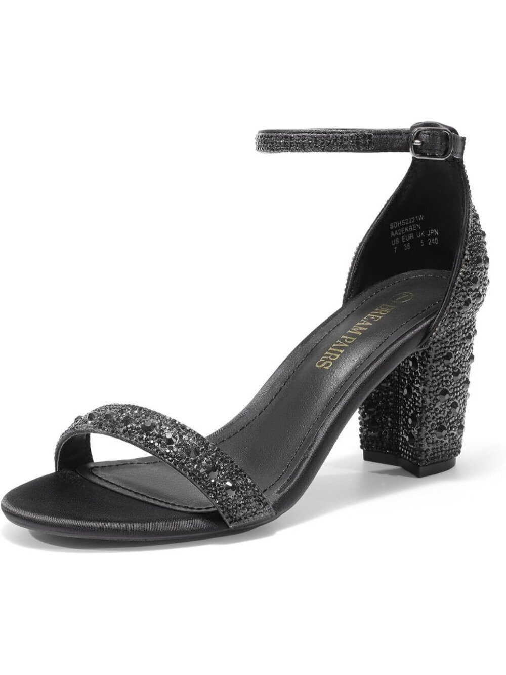 DREAM PAIRS Women's Black Rhinestone Leather Chunk Low Heel Pump Buckle Sandals